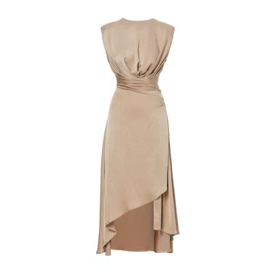 Bluzat Women's Neutrals Midi Beige Dress With Oversized Shoulders And Slit