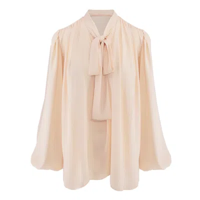 Bluzat Women's Neutrals Nude Chiffon Blouse With Draped Shoulders & Bow Ribbon In Brown