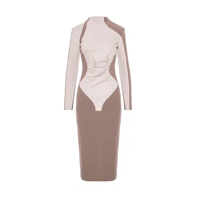 Bluzat Women's Neutrals / White Taupe&cream Colorblock Bodycon Midi Dress With High Neck