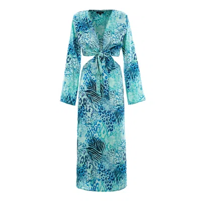 Bluzat Women's Ocean Blue Mixed Print Cutout Midi Dress With Tie Waist