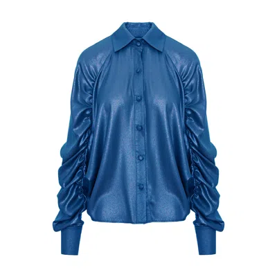 Bluzat Women's Oversized Metallic Shirt With Puff Sleeves – Blue