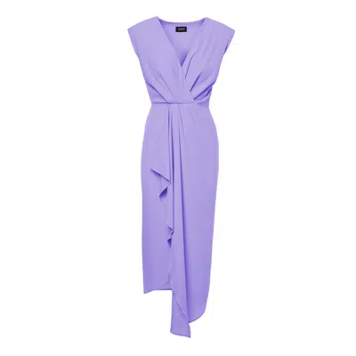 Bluzat Women's Pastel Purple Midi Dress With Draping And Pleats