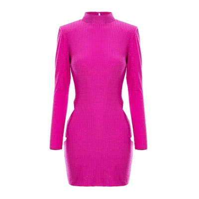 Bluzat Women's Pink Fuchsia Ribbed Mini Dress With Long Sleeves
