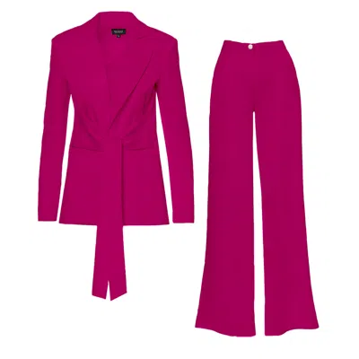 Bluzat Women's Pink Fuchsia Suit Featuring Blazer With Scarf Detail And Wide Leg Pants