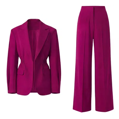 Bluzat Women's Pink Fuchsia Suit With Waist Accentuated Blazer And Wide-leg Trousers