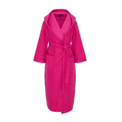Bluzat Women's Pink Long Textured Coat With Hood And Belt – Fuchsia