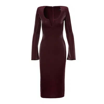 Bluzat Women's Pink / Purple Burgundy Bodycon  Midi Dress With V Neck Detail And Structured Shoulders In Pink/purple