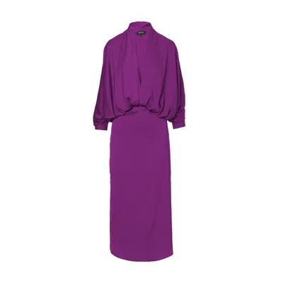 Bluzat Women's Pink / Purple Deep Purple Dress With Draped Neckline And Flared Sleeve In Pink/purple
