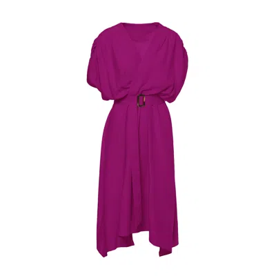 Bluzat Women's Pink / Purple Fuchsia  Linen Midi Dress With Belt In Pink/purple