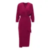 Bluzat Women's Pink / Purple Fuchsia Midi Dress With Draping Detailing And Waist Belt In Pink/purple