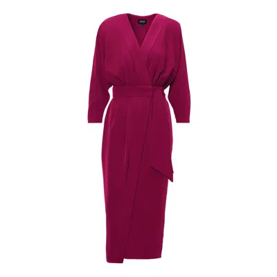 Bluzat Women's Pink / Purple Fuchsia Midi Dress With Draping Detailing And Waist Belt In Pink/purple