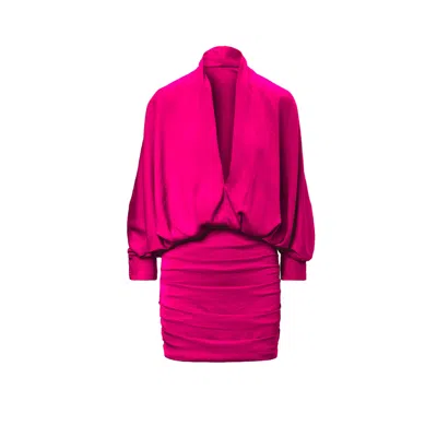 Bluzat Women's Pink / Purple Fuchsia Mini Dress With Draping Detailing And Wide Sleeves In Pink/purple