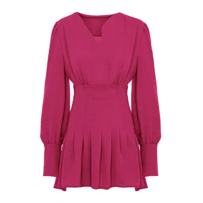 Bluzat Women's Pink / Purple Fuchsia Mini Dress With Pleats And Asymmetrical Cut Neck