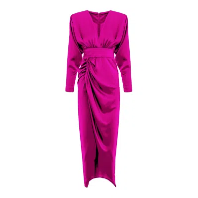 Bluzat Women's Pink / Purple Fuchsia Satin Midi Dress With Draping