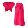 Bluzat Women's Pink / Purple Fuchsia Set With Knotted Top And Midi Skirt In Pink/purple