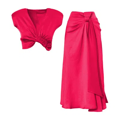 Bluzat Women's Pink / Purple Fuchsia Set With Knotted Top And Midi Skirt In Pink/purple