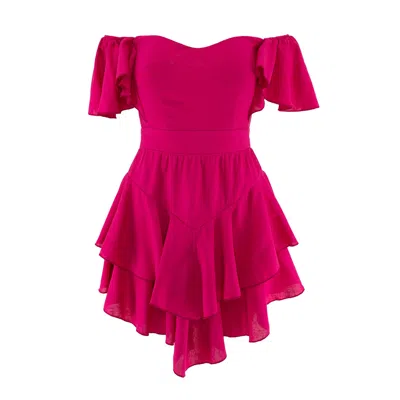Bluzat Women's Pink / Purple Neon Pink Off-the-shoulders Cambered Dress With Ruffles In Multi