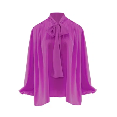 Bluzat Women's Pink / Purple Purple Blouse With Draped Shoulders & Bow Ribbon In Pink/purple