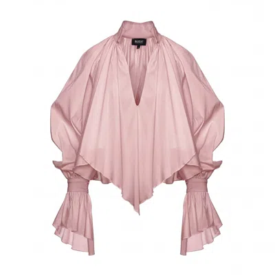 Bluzat Women's Powder Pink Oversized Shirt With High Collar And Balloon Sleeves