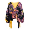 BLUZAT WOMEN'S PRINTED BLOUSE WITH FLARED SLEEVES AND V-NECK