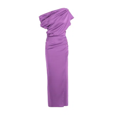Bluzat Women's Purple Lila Off-shoulder Draped Maxi Dress With Asymmetrical Design