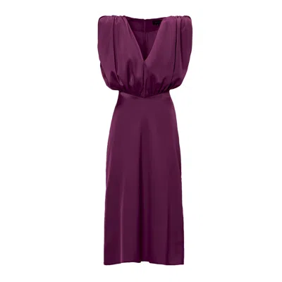 Bluzat Women's Red Burgundy Midi Dress With V-sharped Draped Bodice