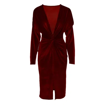 Bluzat Women's Red Burgundy Velvet Dress With Knot