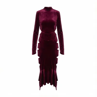 Bluzat Women's Red Burgundy Velvet Midi Dress With Cut-outs And Asymmetric Ruffle Hem