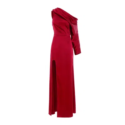 Bluzat Women's Red Crimson Allure Midi Dress With Asymmetric Neckline And Side Slit
