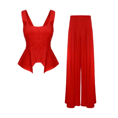 Bluzat Women's Red Linen-style Set With Wide Legs