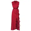 Bluzat Women's Red Maxi Dress With Oversized Shoulders And Ruffled Slit In Red