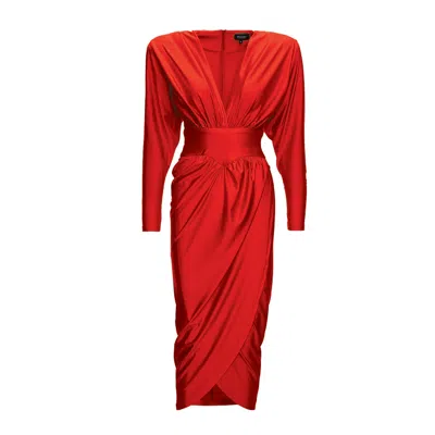 Bluzat Women's Red Midi Dress With Corset And V-neck
