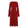 Bluzat Women's Red Midi Dress With Pleats And Asymmetrical Cut Neck