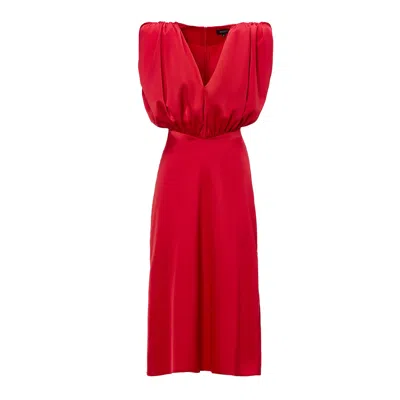 Bluzat Women's Red Midi Dress With V-shaped Draped Bodice
