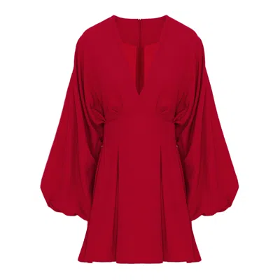 Bluzat Women's Red Mini Dress With Balloon Sleeves And V-neck