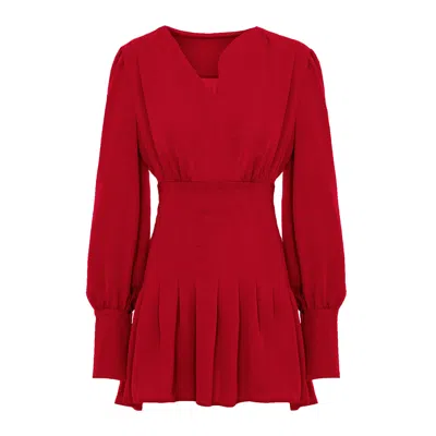 Bluzat Women's Red Mini Dress With Pleats And Asymmetrical Cut Neck