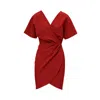 Bluzat Women's Red Mini Dress With Pleats And V-neck In Red