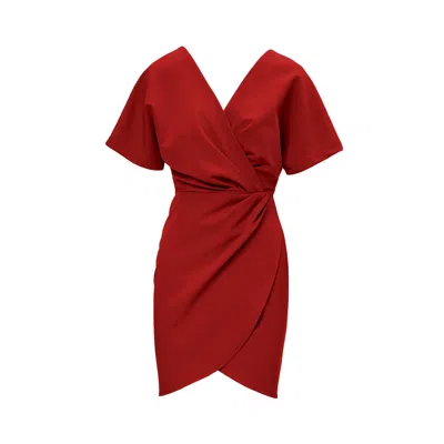 Bluzat Women's Red Mini Dress With Pleats And V-neck