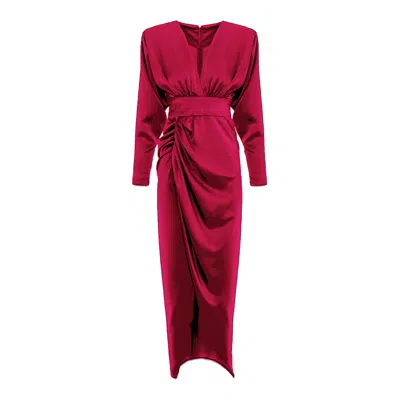 Bluzat Women's Red Satin Midi Dress With Draping