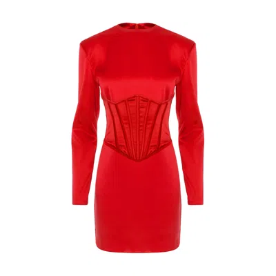 Bluzat Women's Red Satin Mini Dress With Integrated Corset