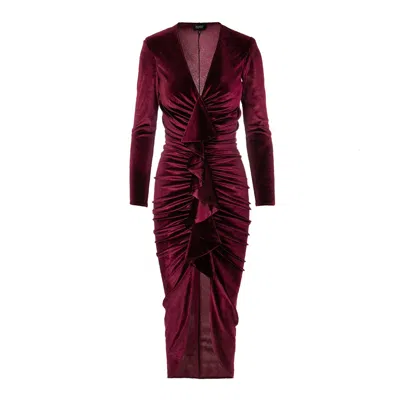 Bluzat Women's Red Velvet Burgundy Midi Ruffle Dress