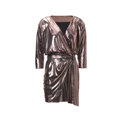 Bluzat Women's Rose Gold Bronze Mini Dress With Draping Detail And Scarf In Metallic