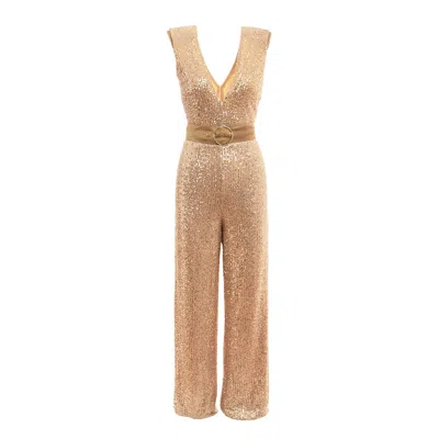 Bluzat Women's Sequin Gold Jumpsuit With Padded Shoulders
