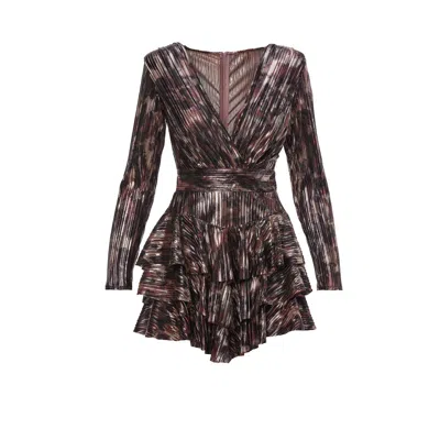 Bluzat Women's Shimmery Printed Mini Dress With Ruffles In Burgundy