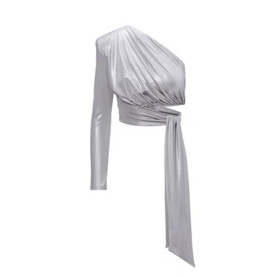 Bluzat Women's Silver Asymmetrical Top With Scarf