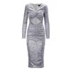Bluzat Women's Silver Sequin Midi Dress With Cut-out And Gathered Detailing In Silver