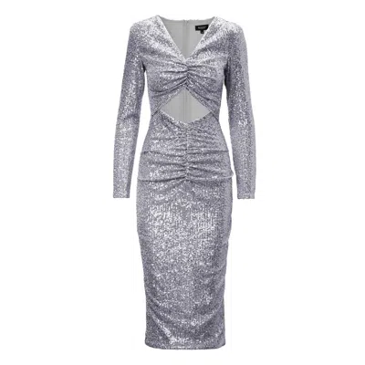 Bluzat Women's Silver Sequin Midi Dress With Cut-out And Gathered Detailing In Metallic