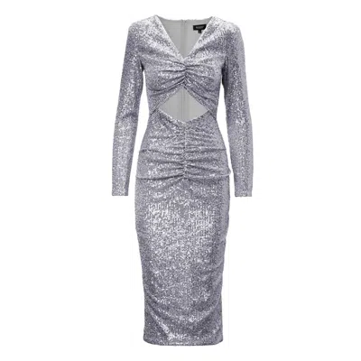 Bluzat Women's Silver Sequin Midi Dress With Cut-out And Gathered Detailing