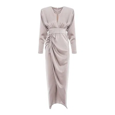 Bluzat Women's Silver Taupe Long Sleeve Wrap Dress With Side Draping