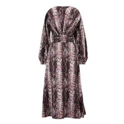 Bluzat Women's Snake Print Midi Dress With Shoulder Pads Detail And Pleats In Brown